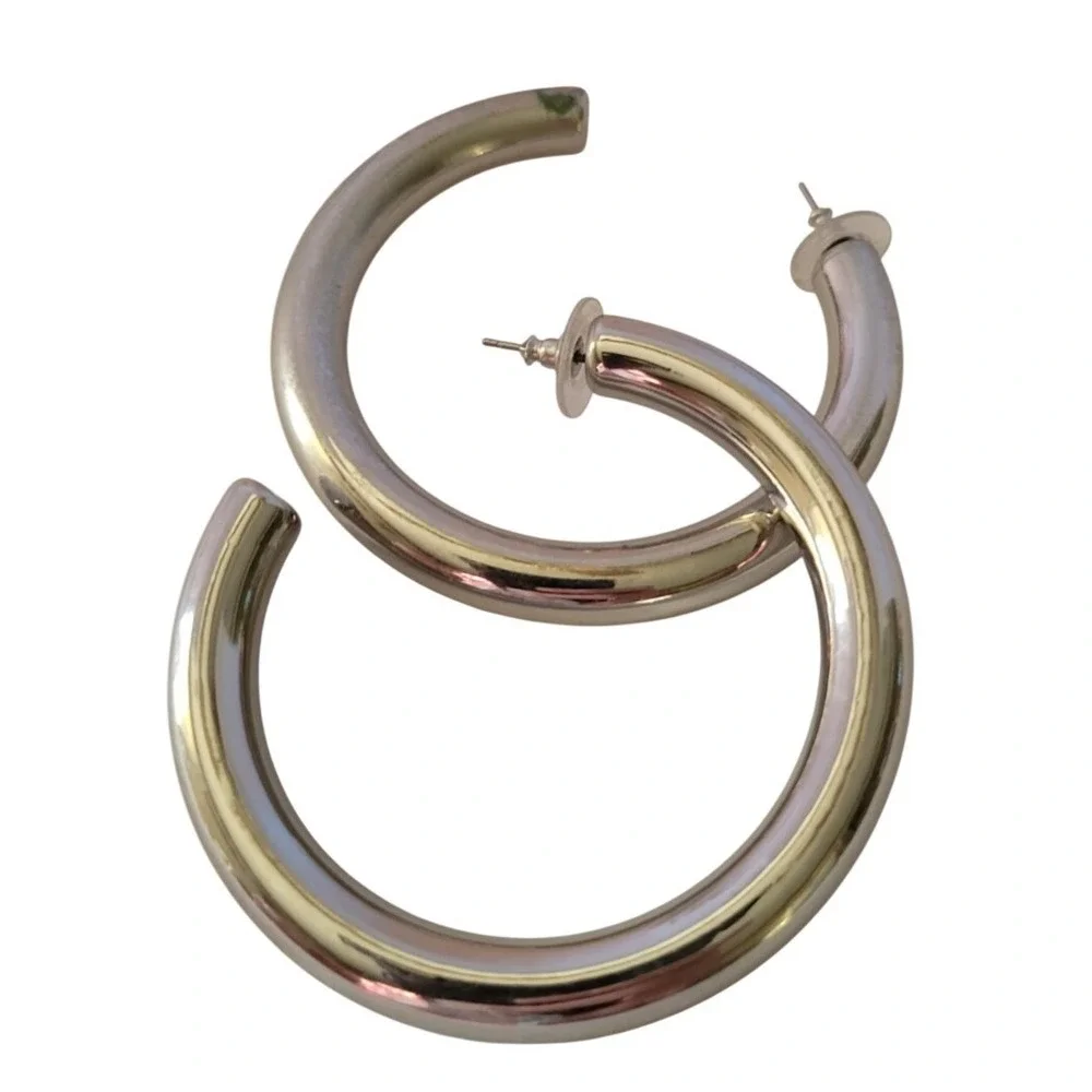 Hoop Pierced Earrings Chunky Silver Tone Hollow‎ Tube Minimalist Silver 2